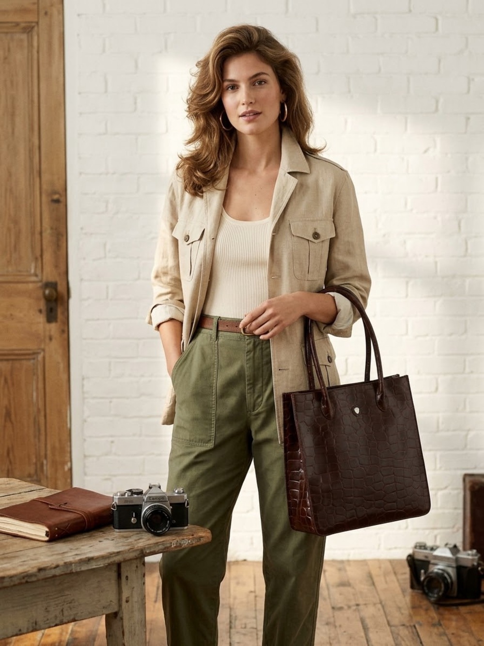 Vintage 90s Ralph Lauren Safari Dark Brown Croc-Embossed Faux Leather Tote